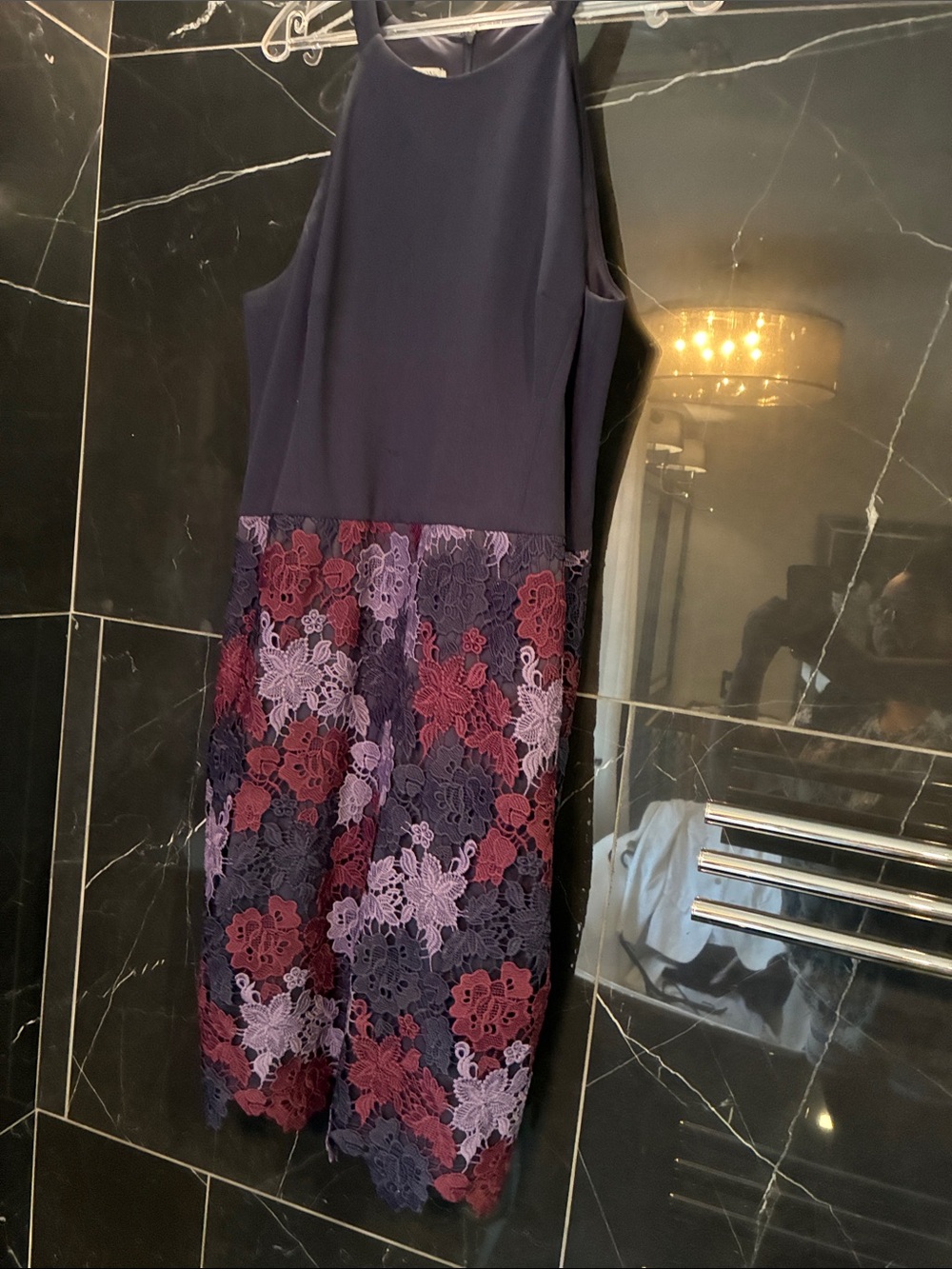 Navy Halter Midi Dress with Multi-Color Floral Lace Skirt